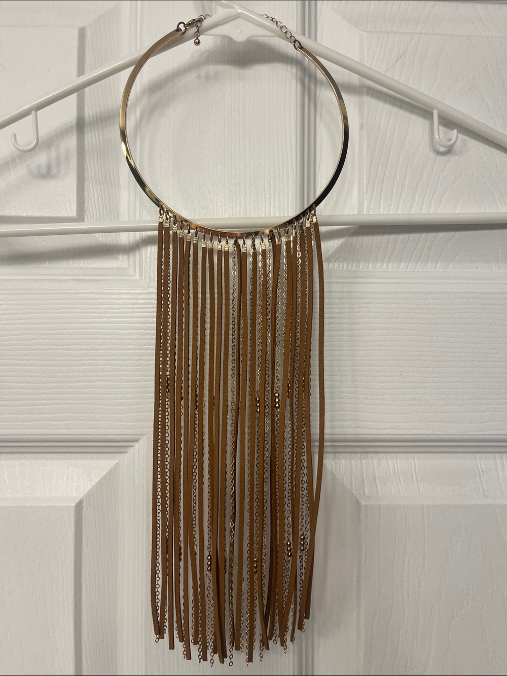 Dangle Fringe Leather and Gold Chain Statement boho Western necklace gold/brown